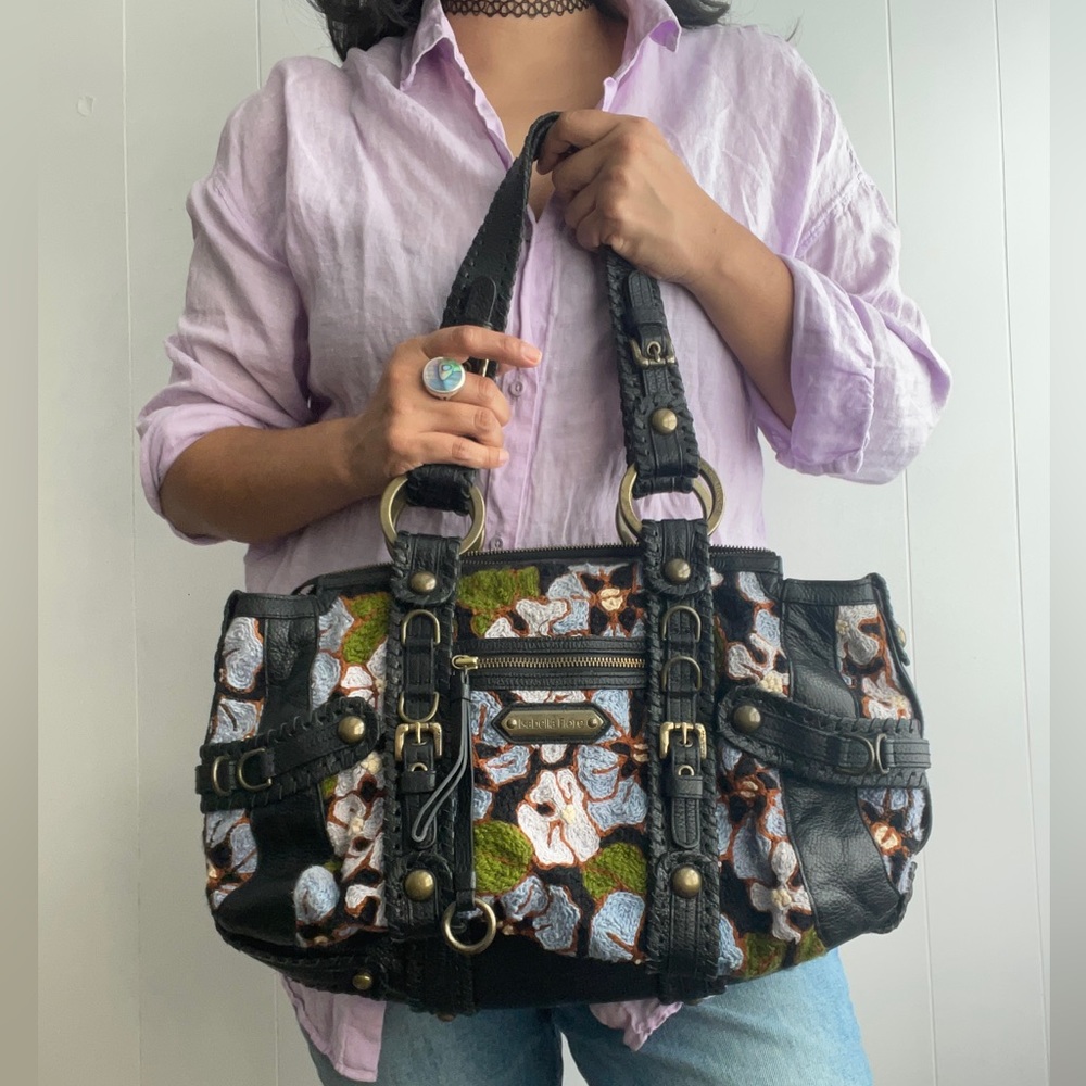 Isabella Fiore Black Leather Purse with Floral Embroidery